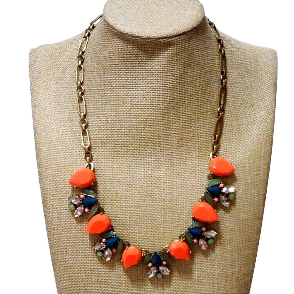 J. Crew Statement Necklace Orange Navy Blue Olive Green Crystal Bibb Gold Tone